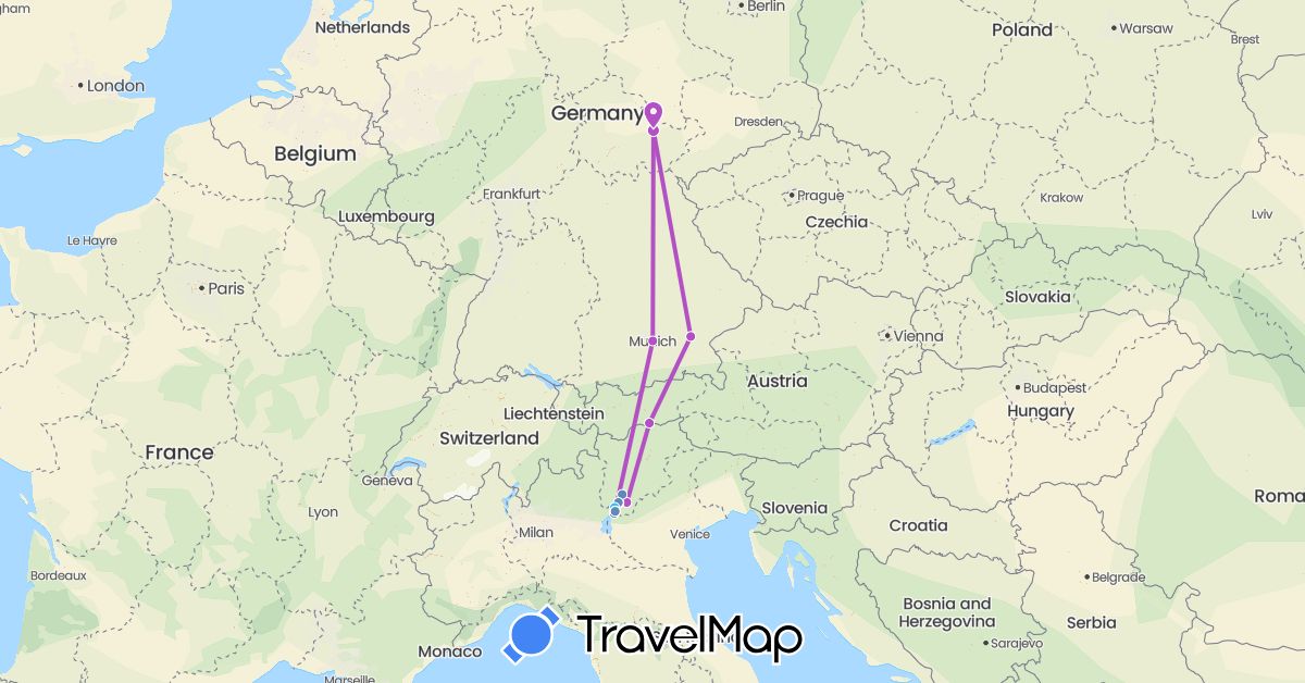 TravelMap itinerary: driving, cycling, train, boat in Germany, Italy (Europe)